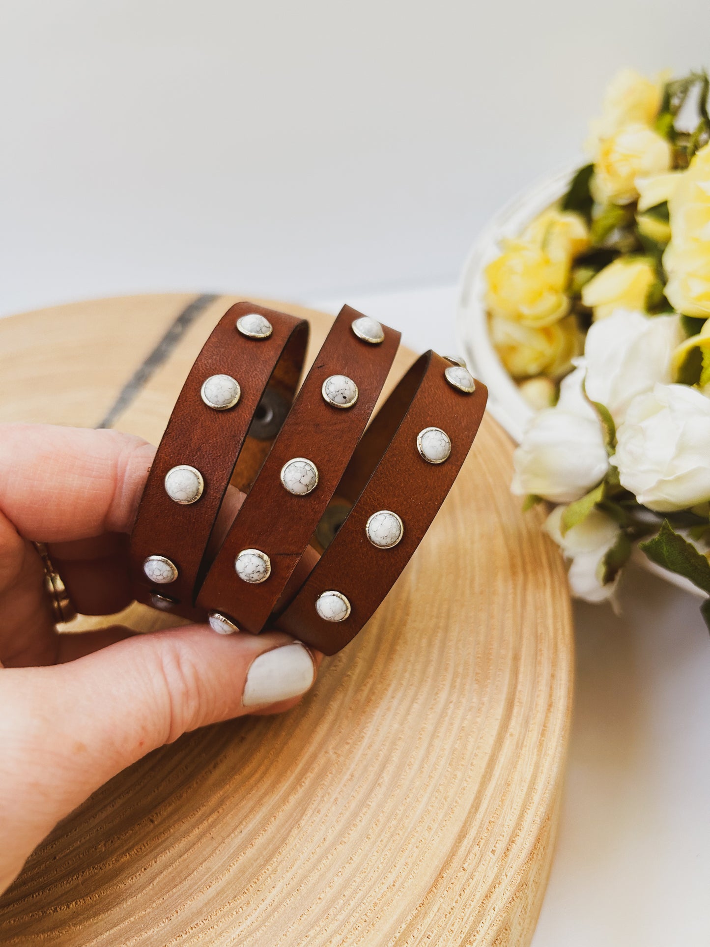 White Gem Leather Bracelet