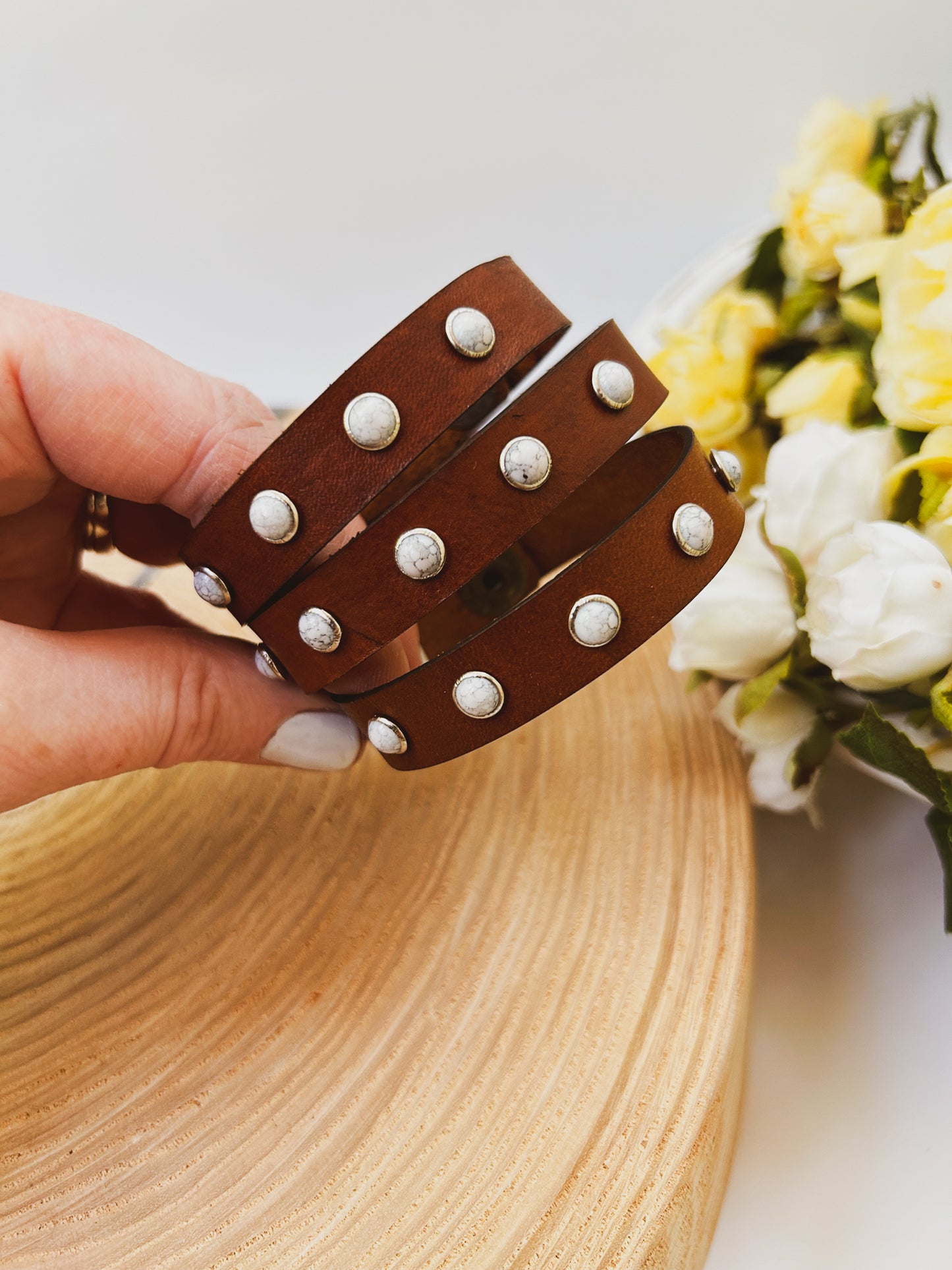 White Gem Leather Bracelet
