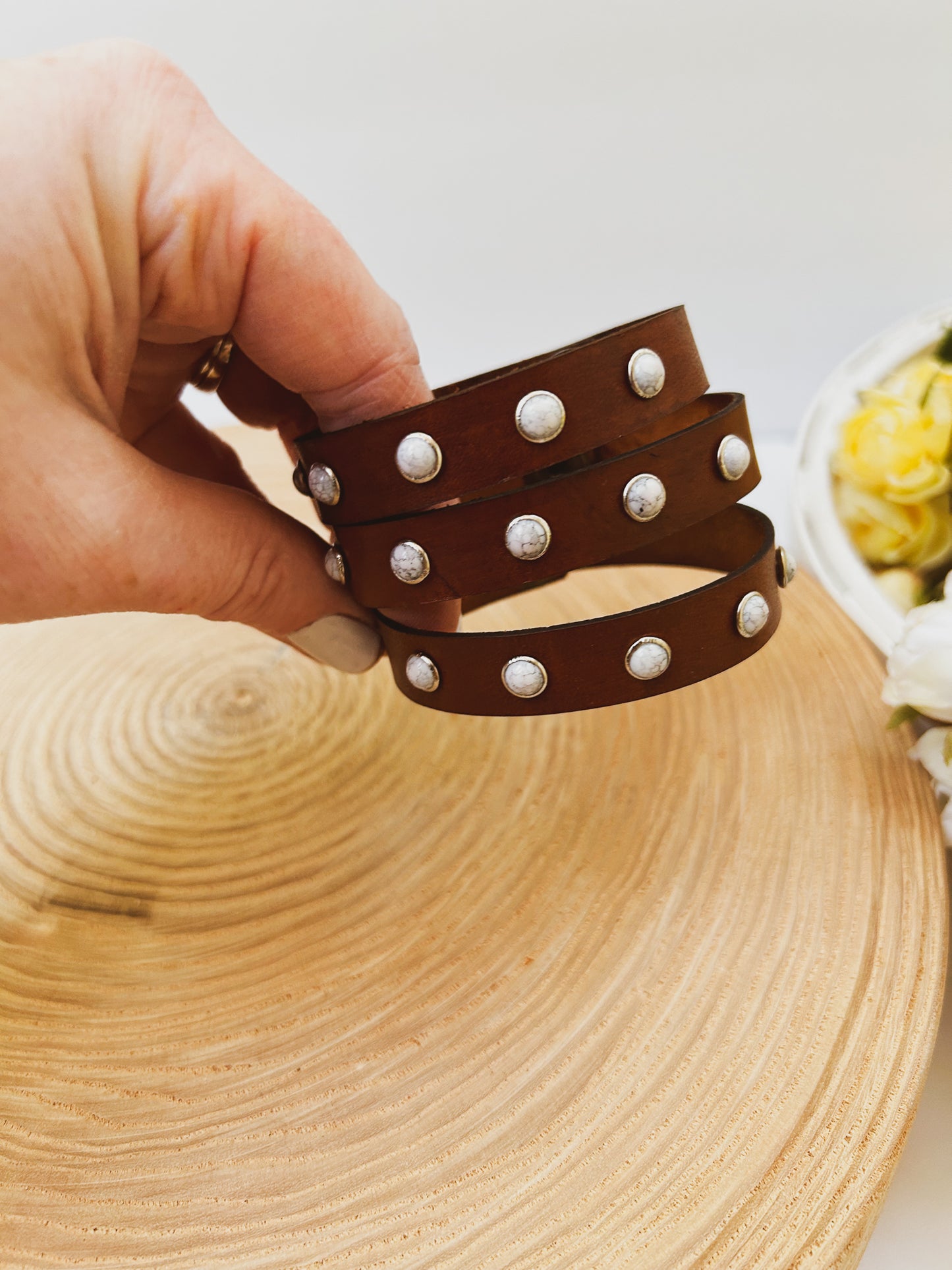 White Gem Leather Bracelet