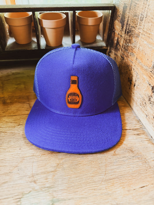 Ranch Sauce Hat – Blue Flat Bill with Leather Patch