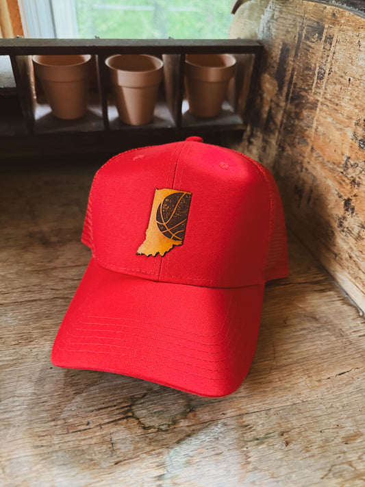 Red Indiana Basketball Hat with Yellow Leather Patch