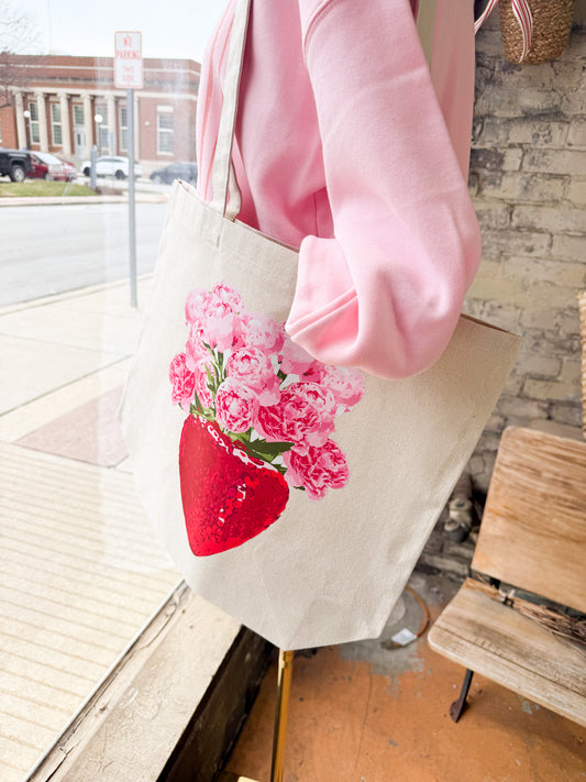 Strawberry Vase with Peonies Tote