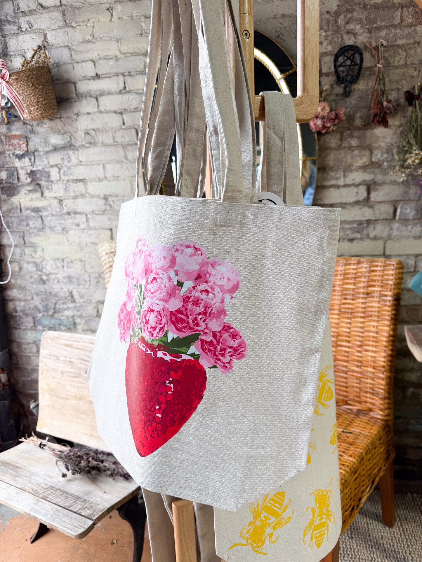 Strawberry Vase with Peonies Tote