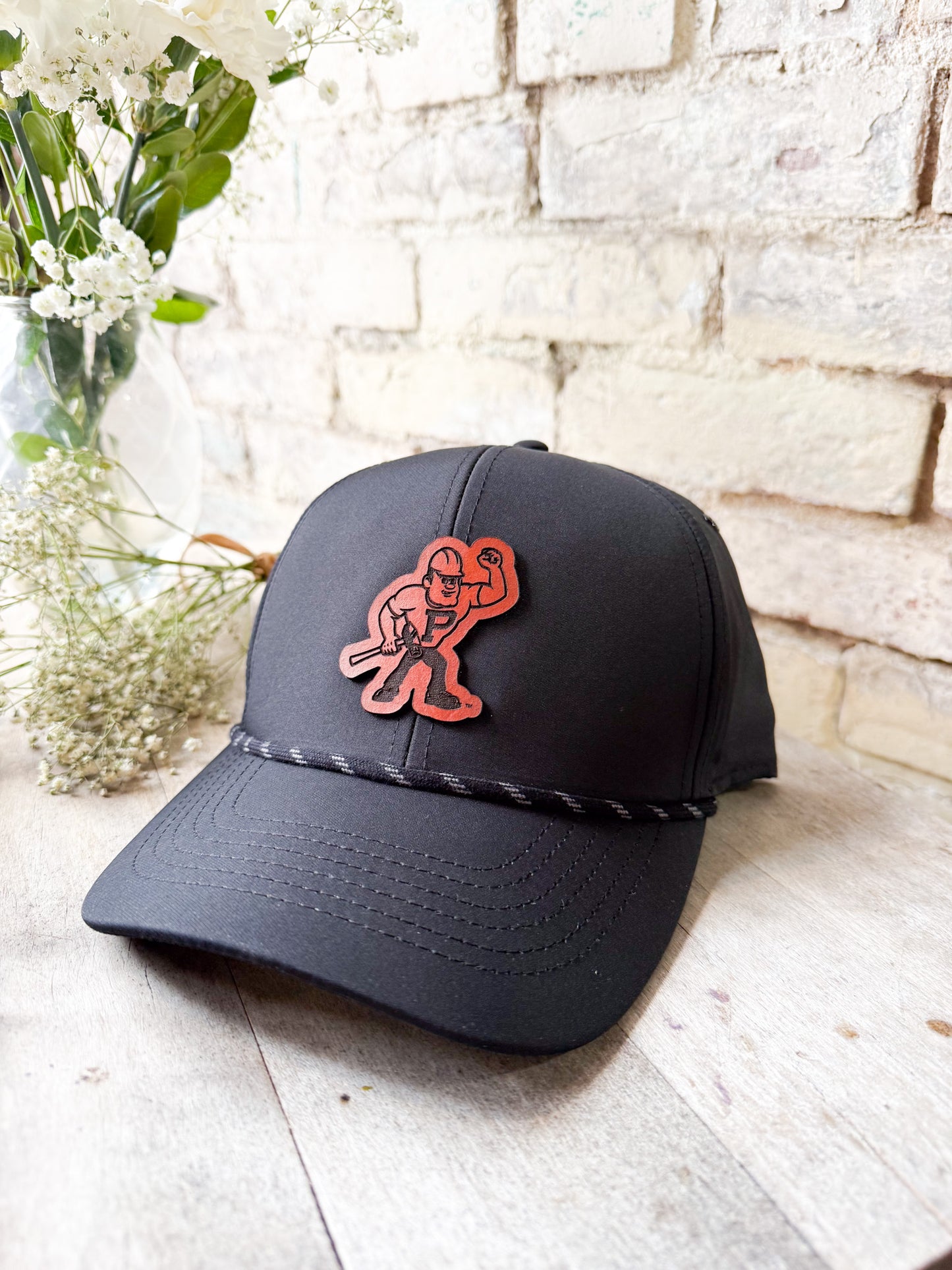 Purdue Pete Leather Patch Hat - Black Rope Cap