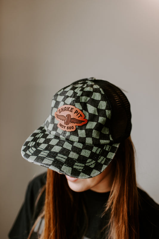 Snake Pit Leather Patch Hat – Green & Black Checkered Ponytail