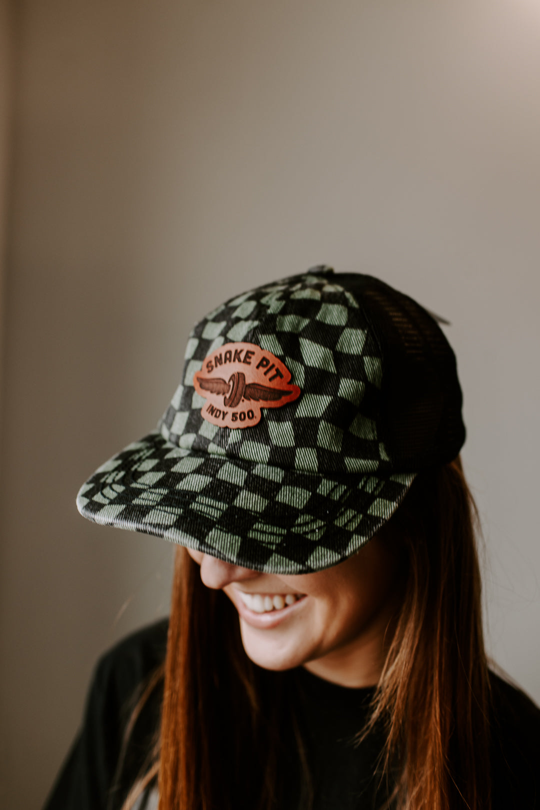 Snake Pit Leather Patch Hat – Green & Black Checkered Ponytail