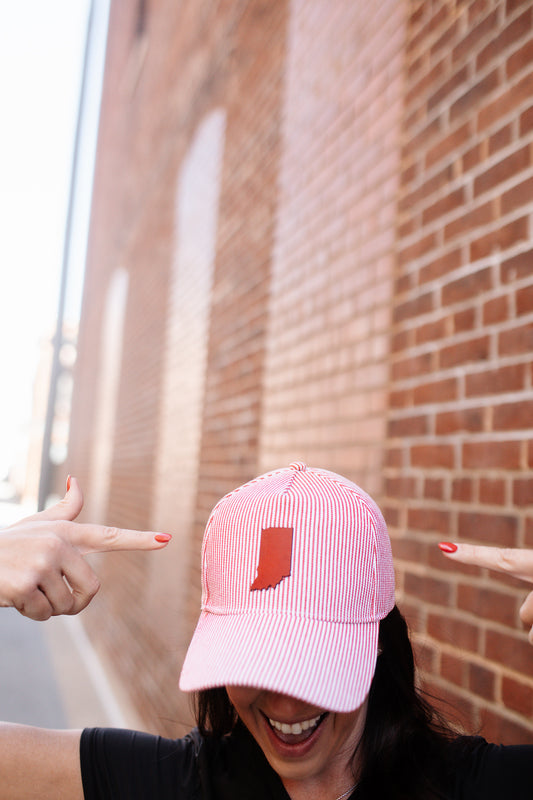 Pin Stripe Red Indiana Leather Patch Hat