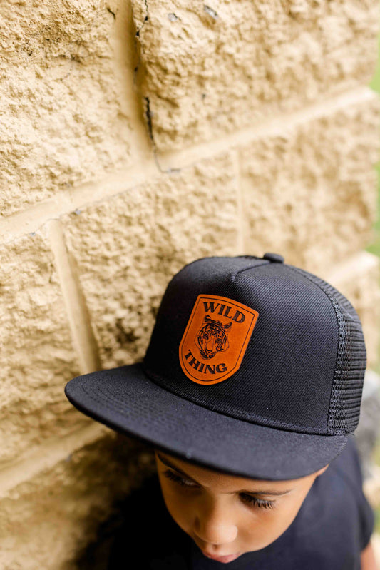 Kids - Custom Logo Leather Patch Hat - Flat Bill Trucker