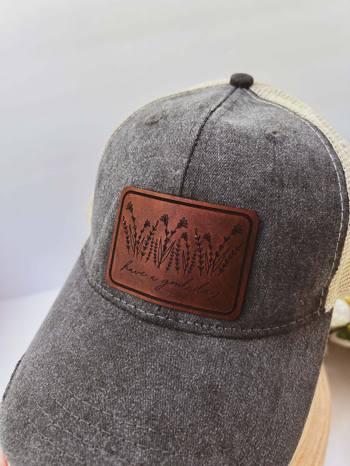 Have A Good Day Wildflower Leather Patch on Distressed Charcoal Black Hat