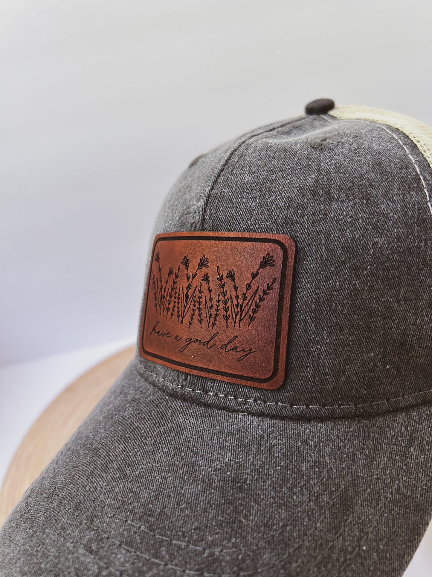 Have A Good Day Wildflower Leather Patch on Distressed Charcoal Black Hat