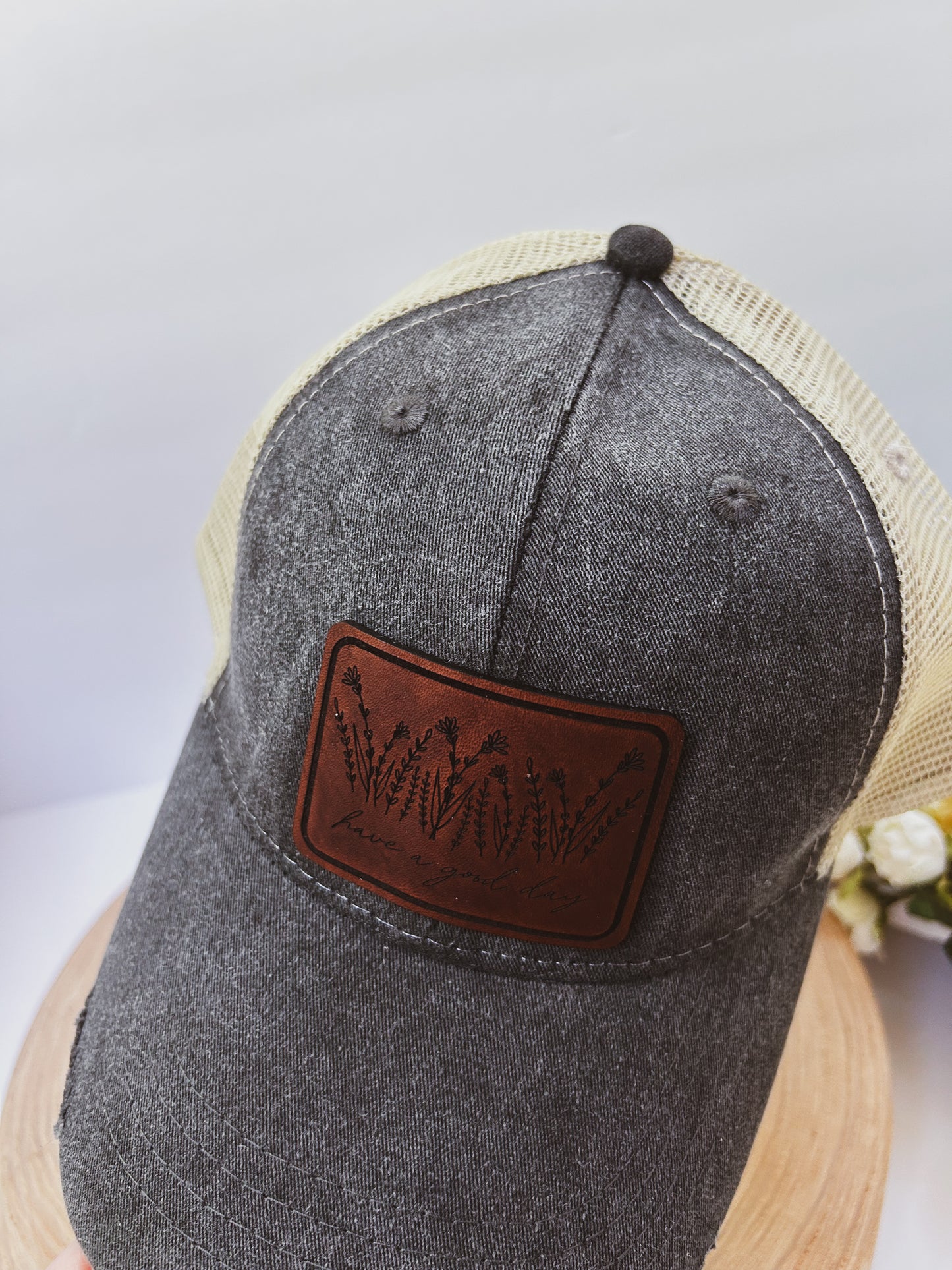 Have A Good Day Wildflower Leather Patch on Distressed Charcoal Black Hat