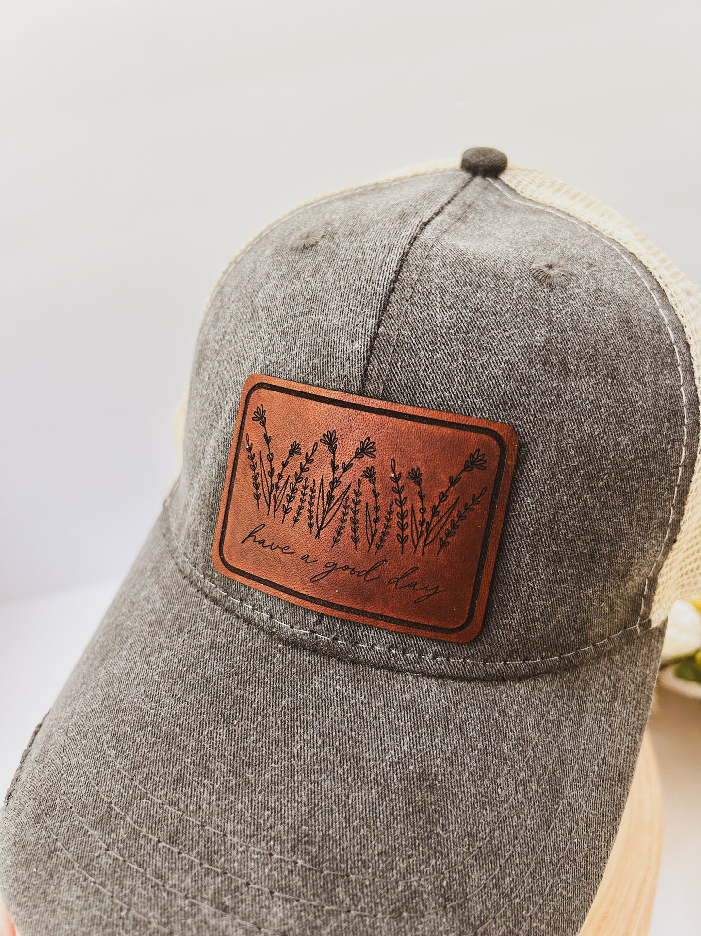 Have A Good Day Wildflower Leather Patch on Distressed Charcoal Black Hat