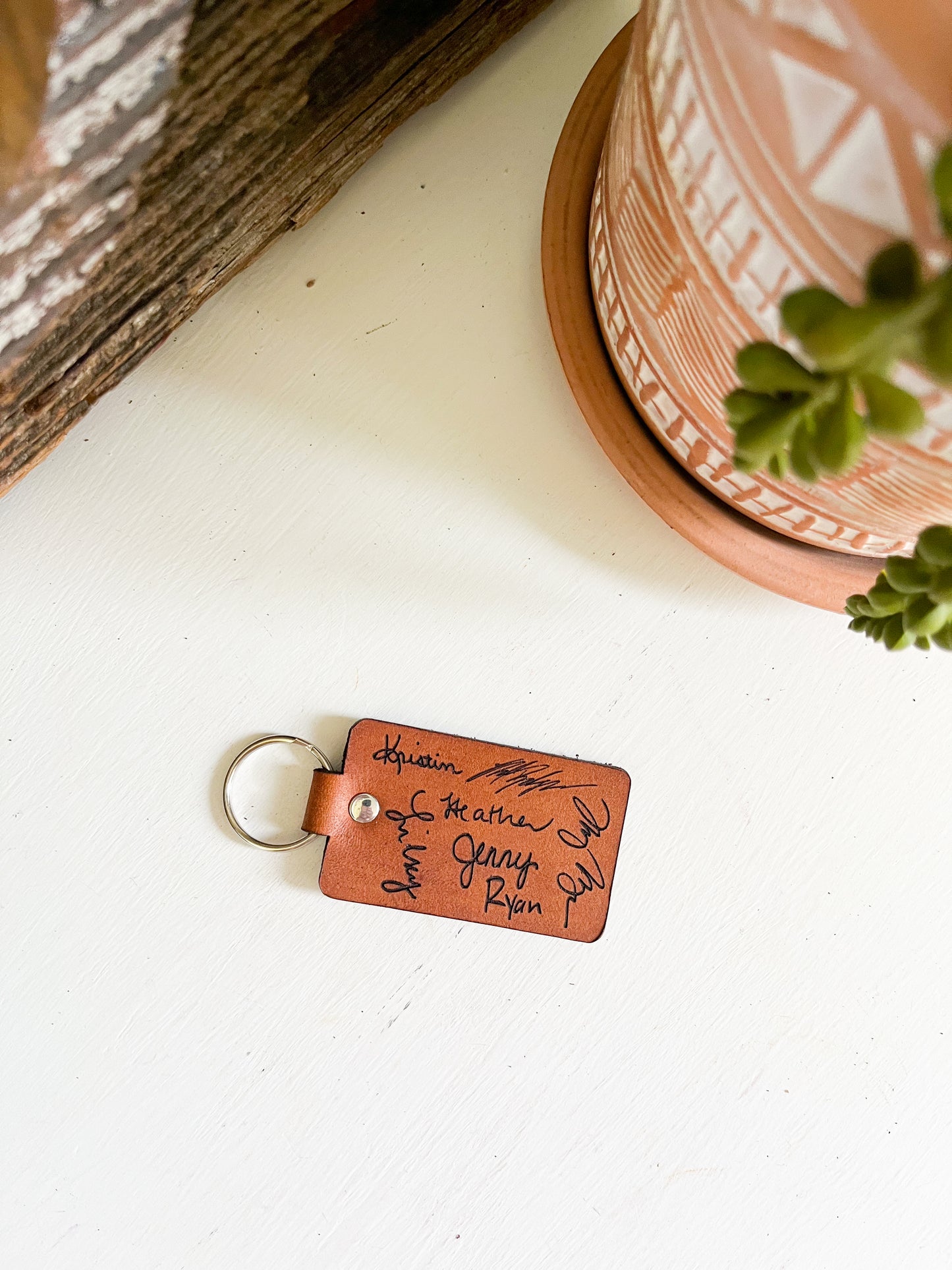 Handwriting Leather Keychain with Signatures Engraved