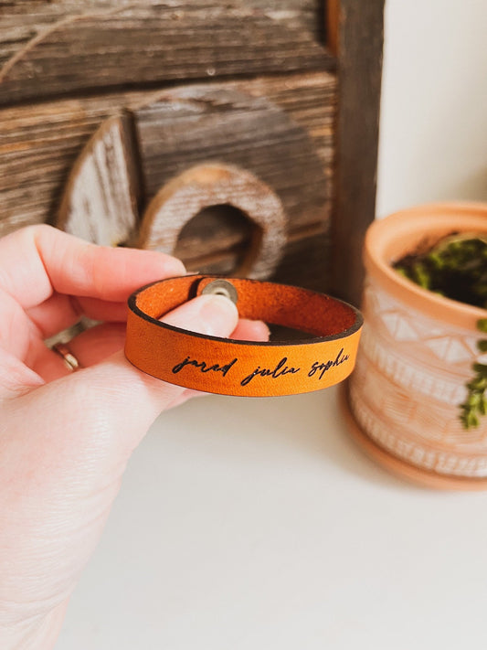 Custom Leather Cuff Bracelet with Kids’ Names