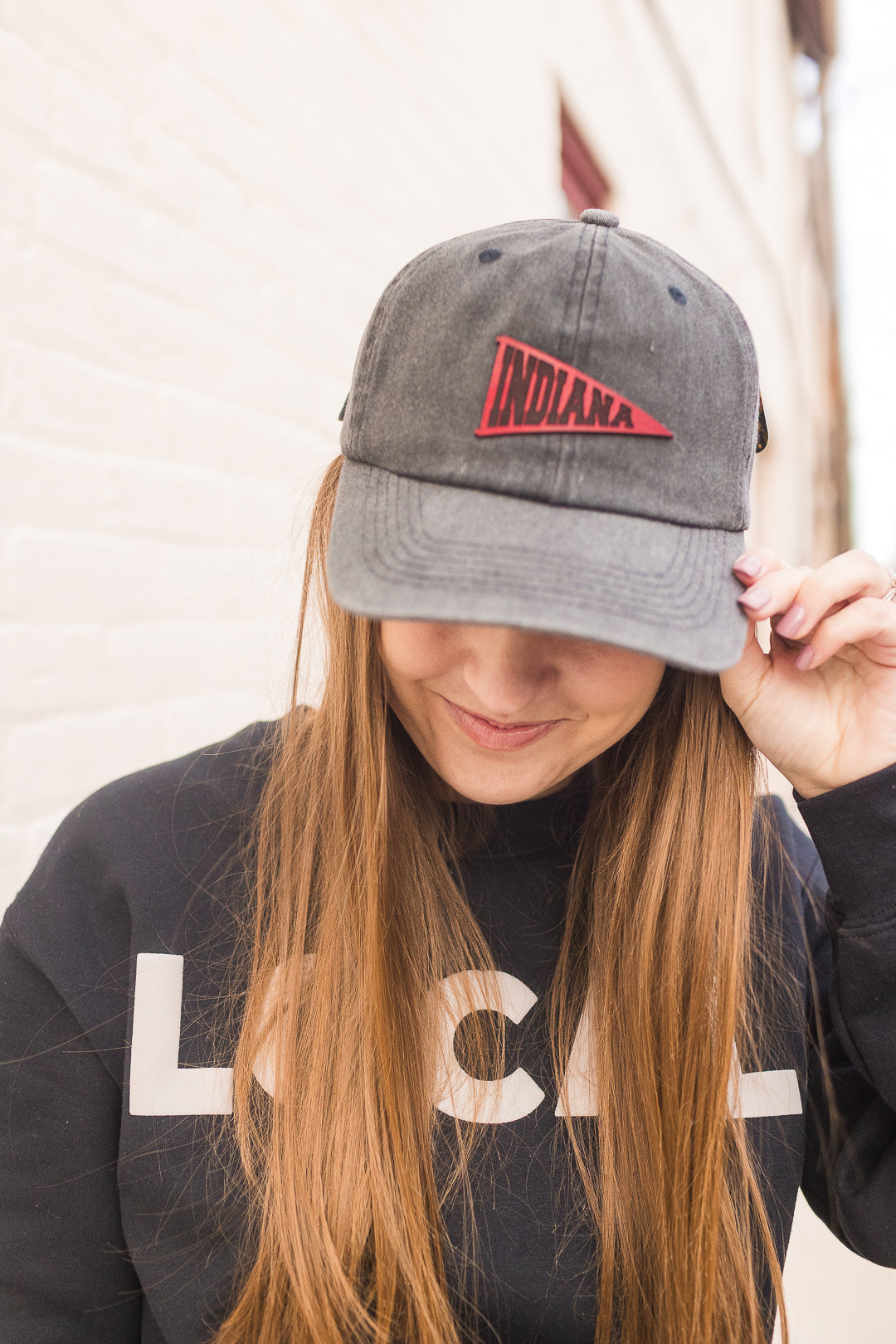 Indiana Pennant Leather Patch Hat on Charcoal Dad Hat