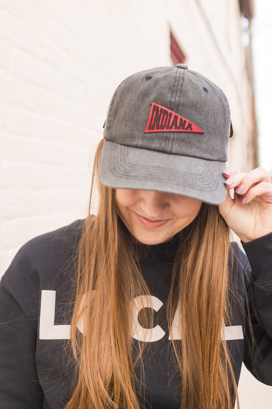Indiana Pennant Leather Patch Hat on Charcoal Dad Hat