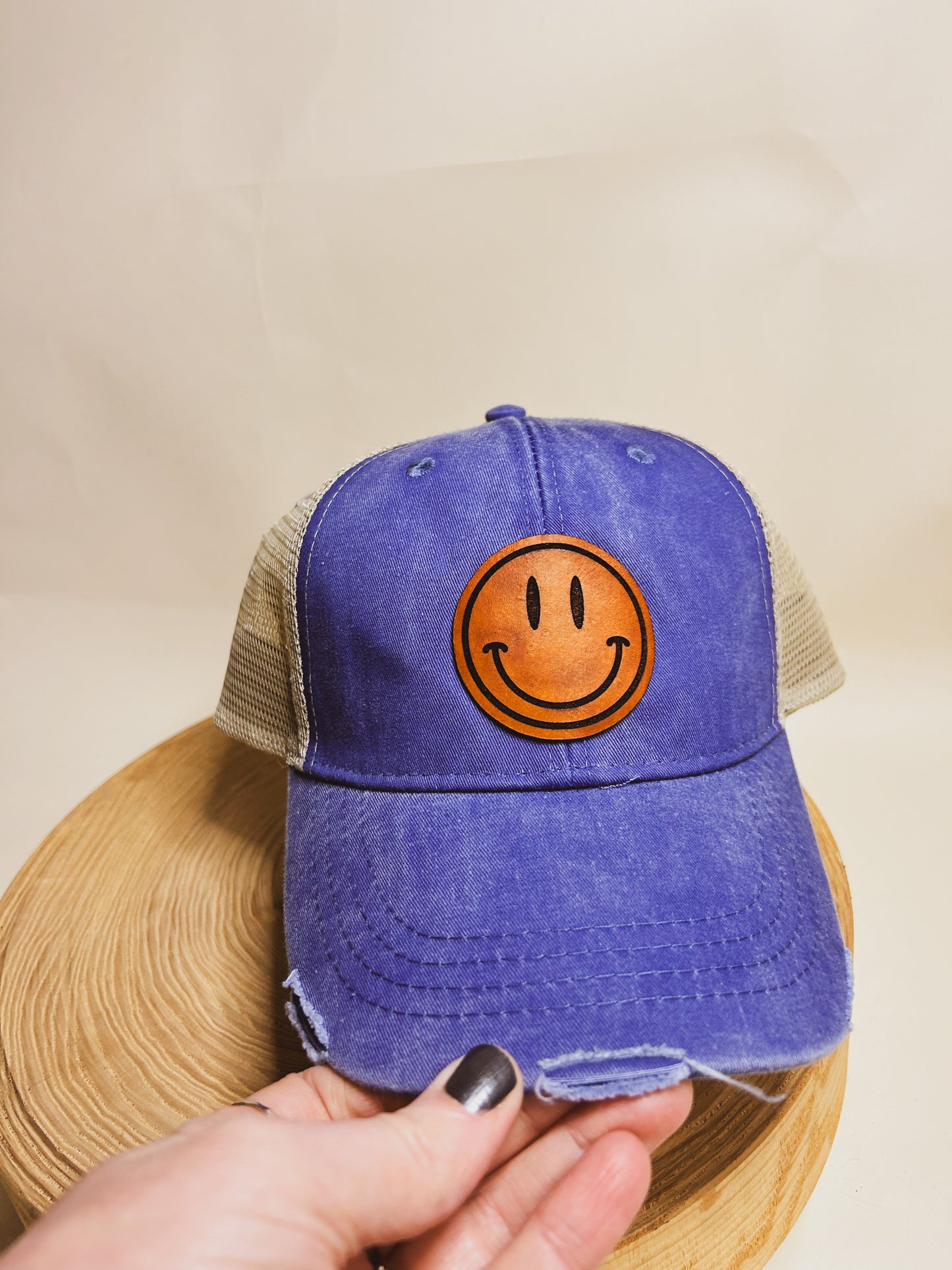 Happy Hat Patch on Distressed Hat