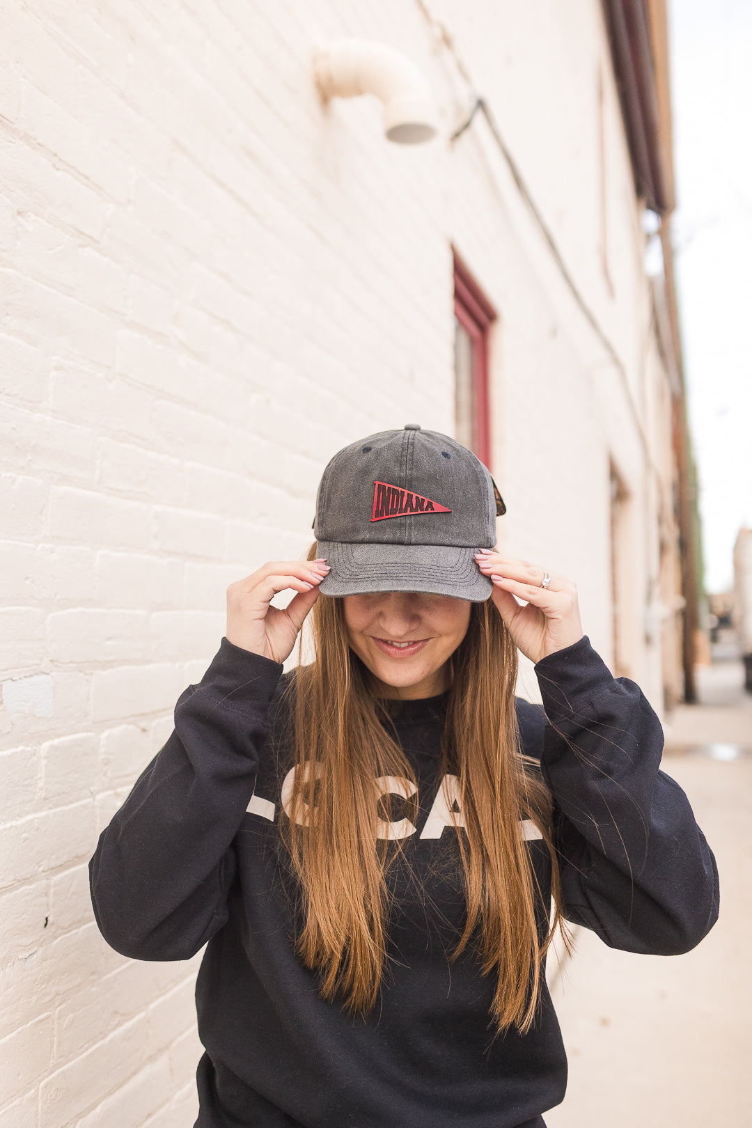 Indiana Pennant Leather Patch Hat on Charcoal Dad Hat