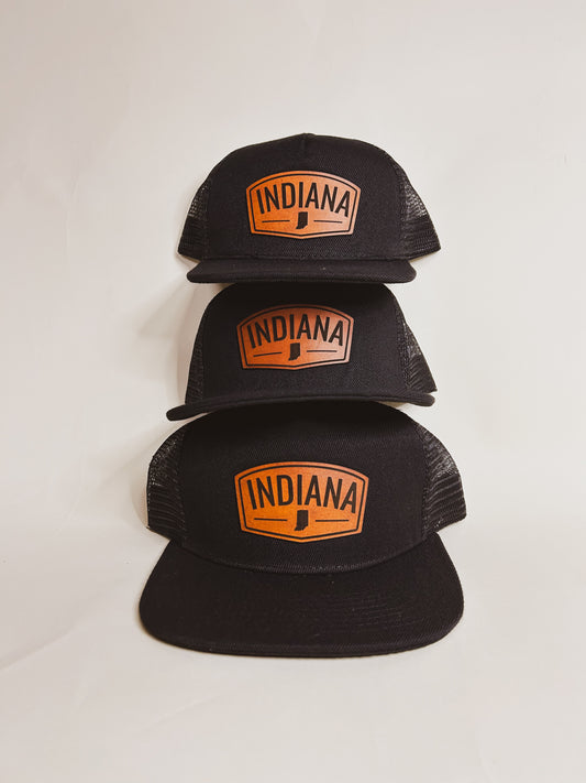 Rectangular Indiana Leather Patch on Black Trucker Hat
