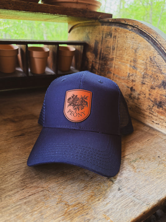 Vintage Peony Hat on Navy Blue