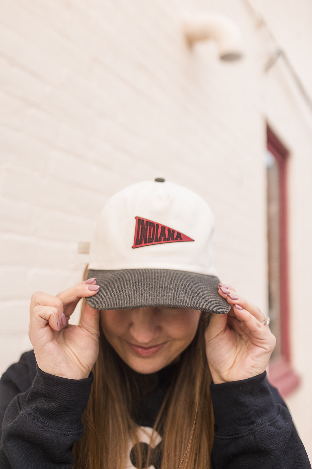 Indiana Red Pennant Leather Patch on Cream Hat