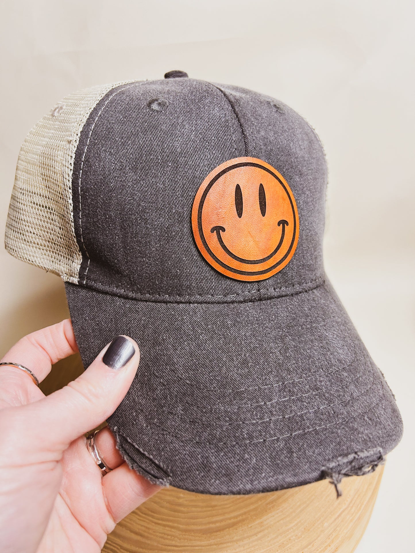 Happy Hat Patch on Distressed Hat