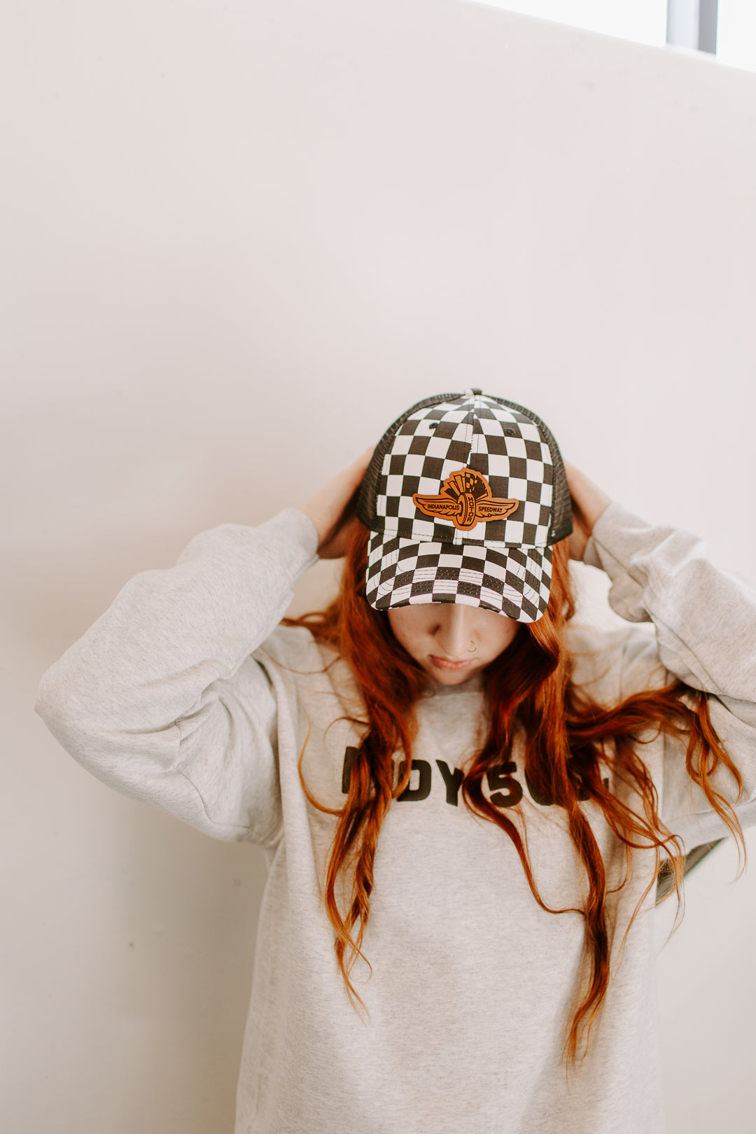 IMS Wings Leather Patch Hat on Checkered Baseball Hat