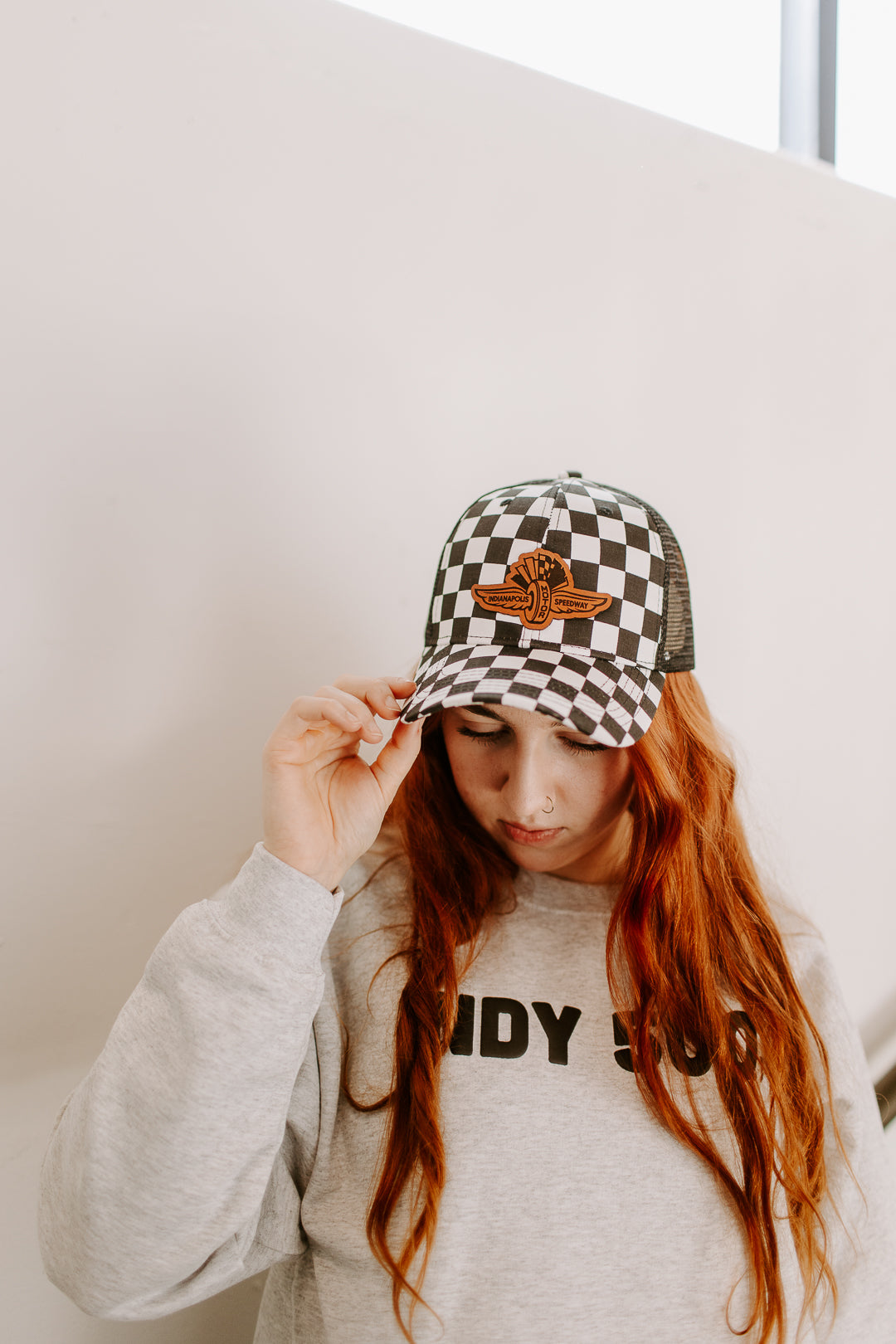 IMS Wings Leather Patch Hat on Checkered Baseball Hat