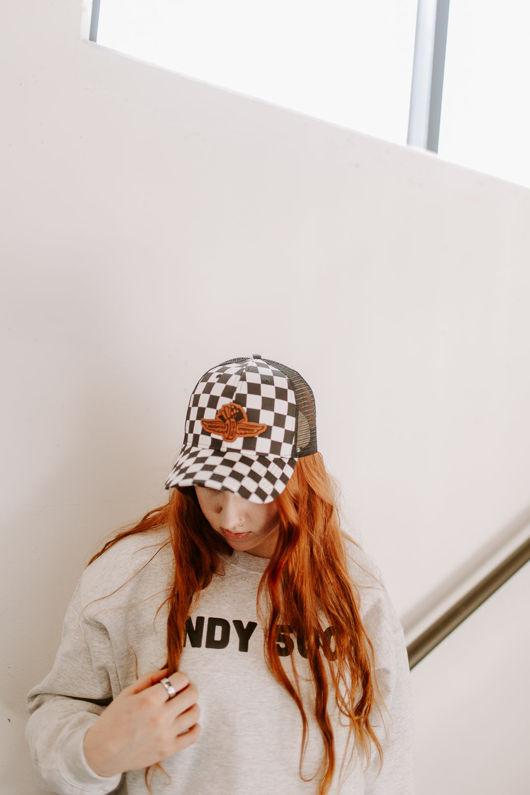 IMS Wings Leather Patch Hat on Checkered Baseball Hat