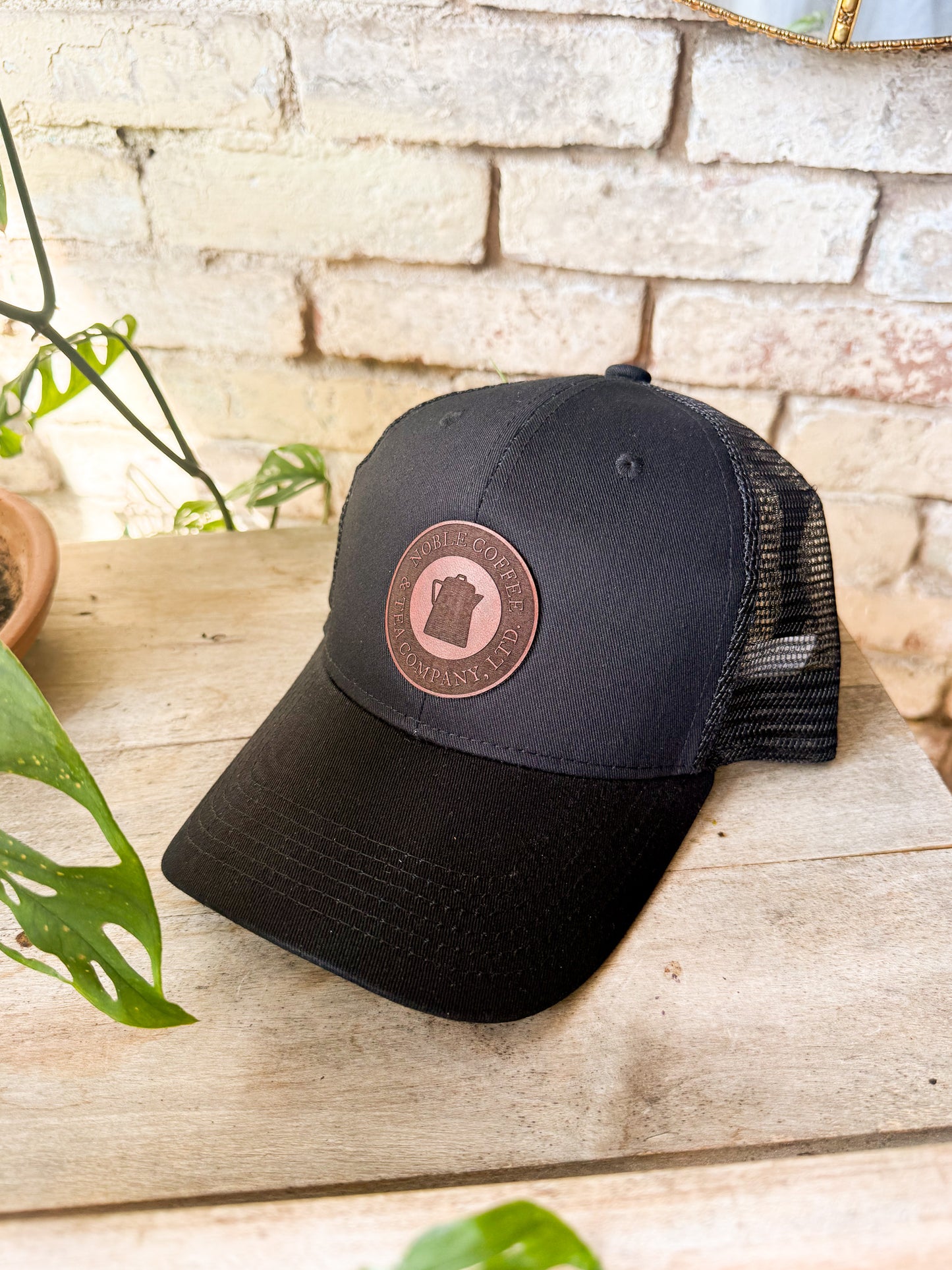 Custom Logo Leather Patch Hat on Classic Baseball Meshback Hat