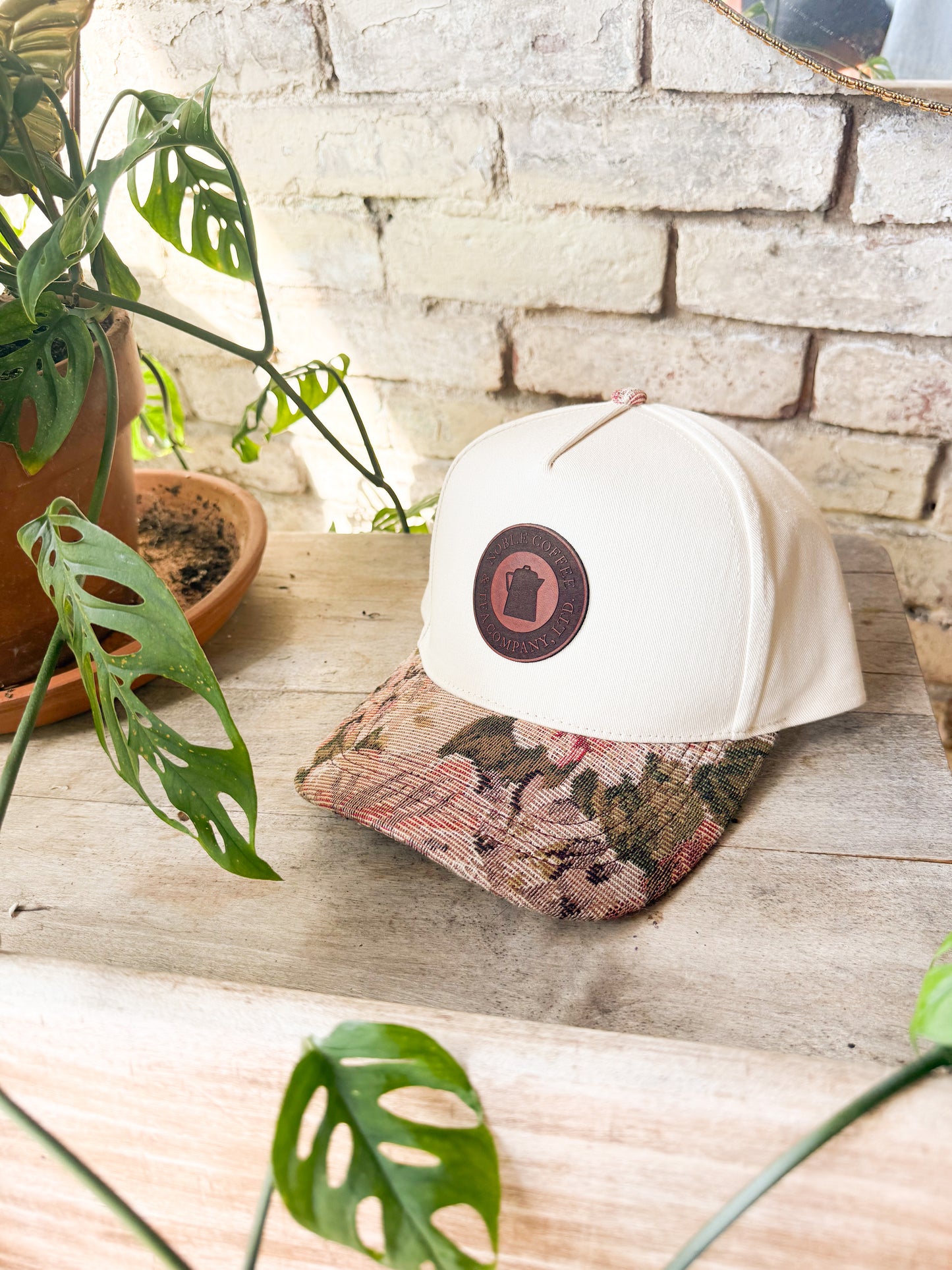 Custom Logo Hat on Cream Hat with Floral Bill