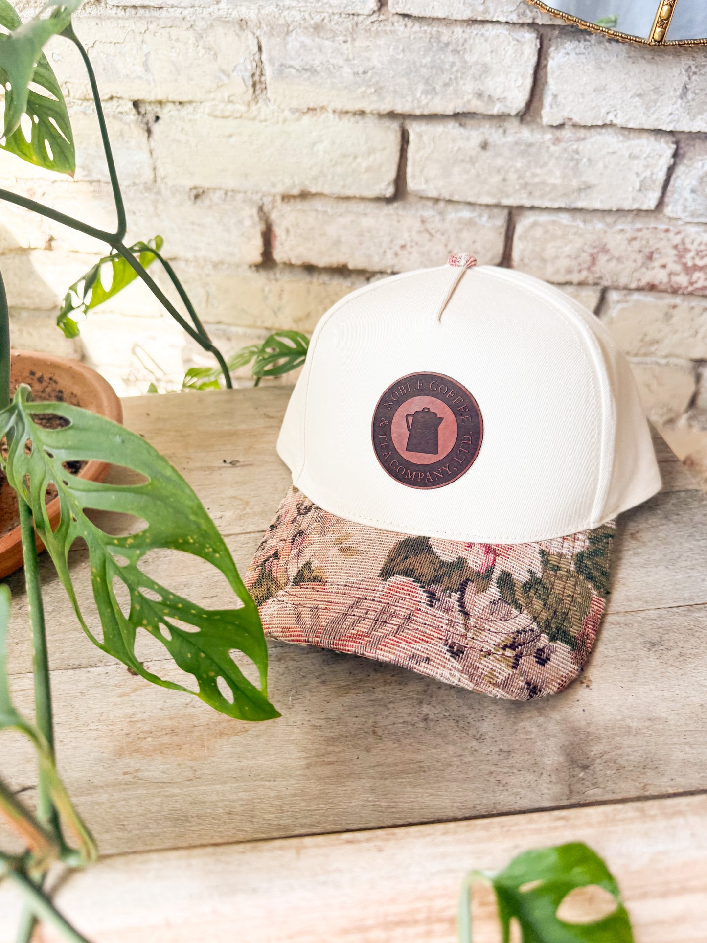Custom Logo Hat on Cream Hat with Floral Bill