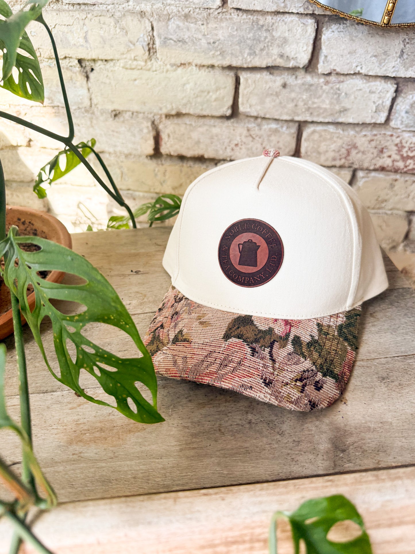 Custom Logo Hat on Cream Hat with Mauve Floral Bill