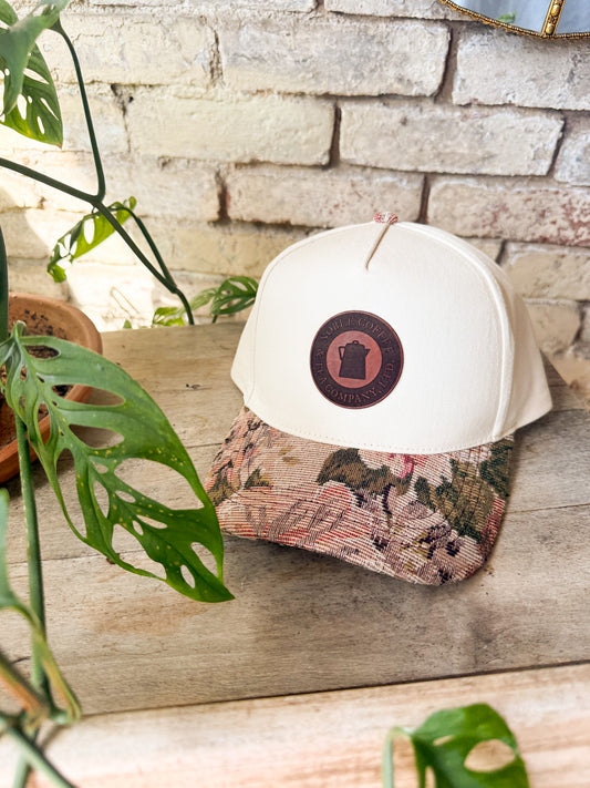 Custom Logo Hat on Cream Hat with Mauve Floral Bill