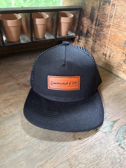 Custom  Logo Leather Patch Hat - Flat Bill Trucker - Adult