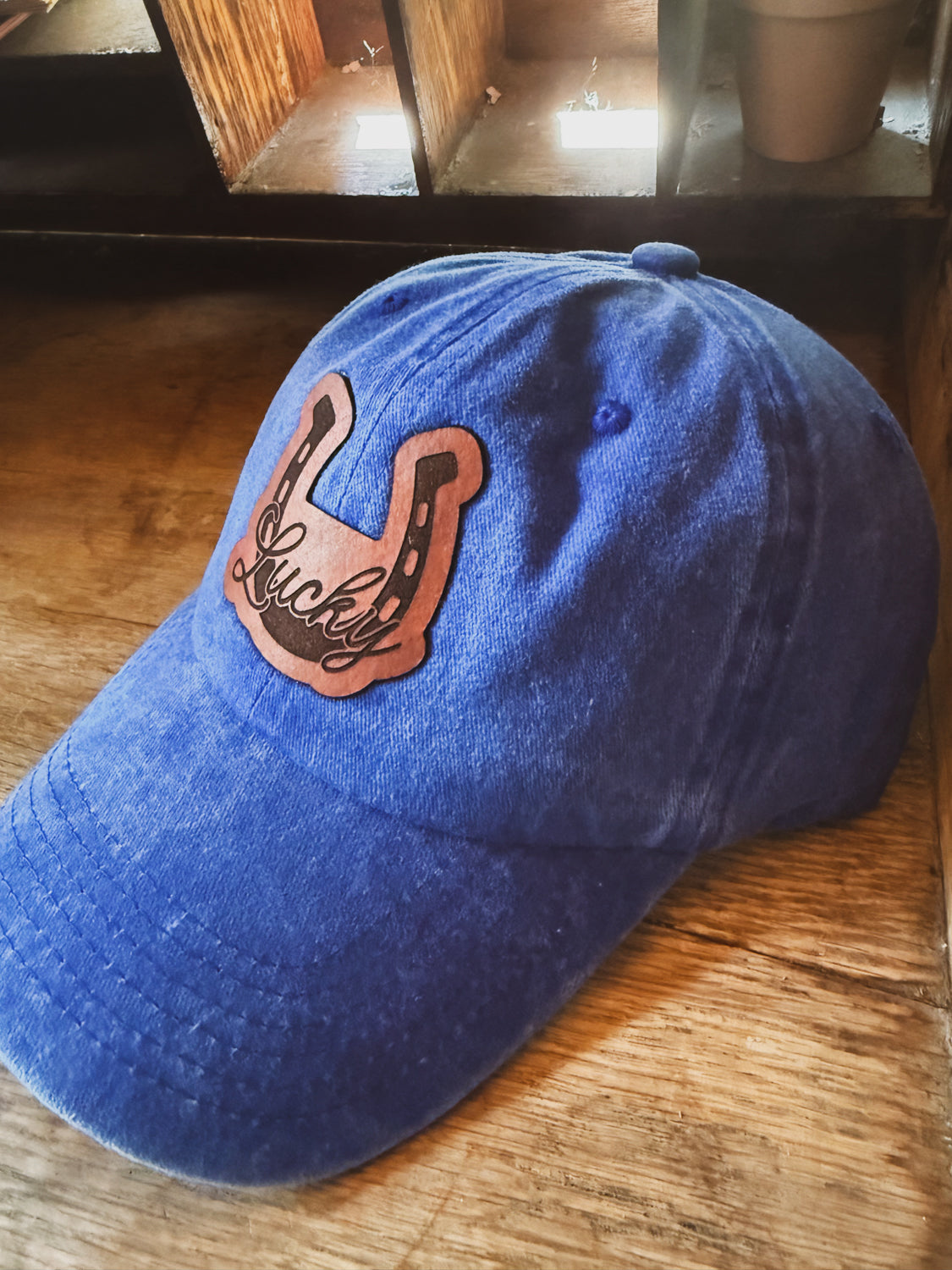Custom Logo Leather Patch Hat on Pigment Dyed Clasp Closure Hat