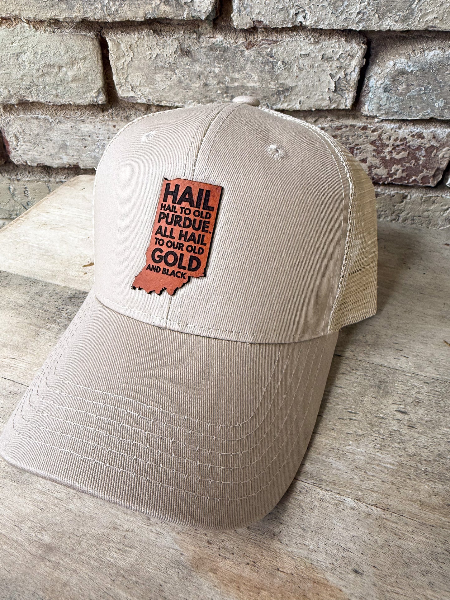 Purdue - Hail Purdue Indiana Leather Patch on Kahki Hat
