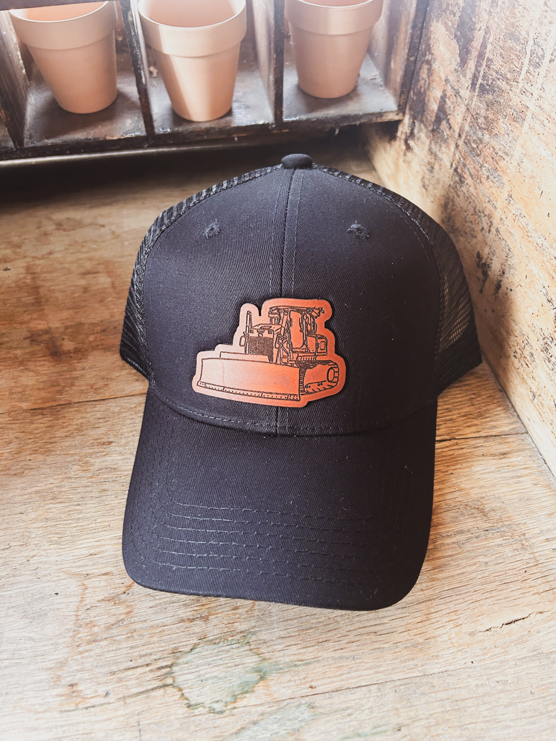 Custom Logo Leather Patch on Baseball Trucker - Adult