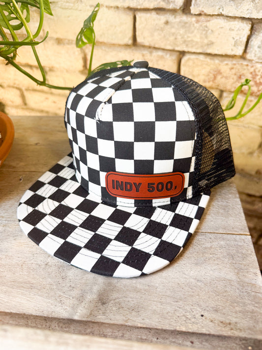 Indy 500 Rectangle Leather Patch Hat – Checkered Flatbill
