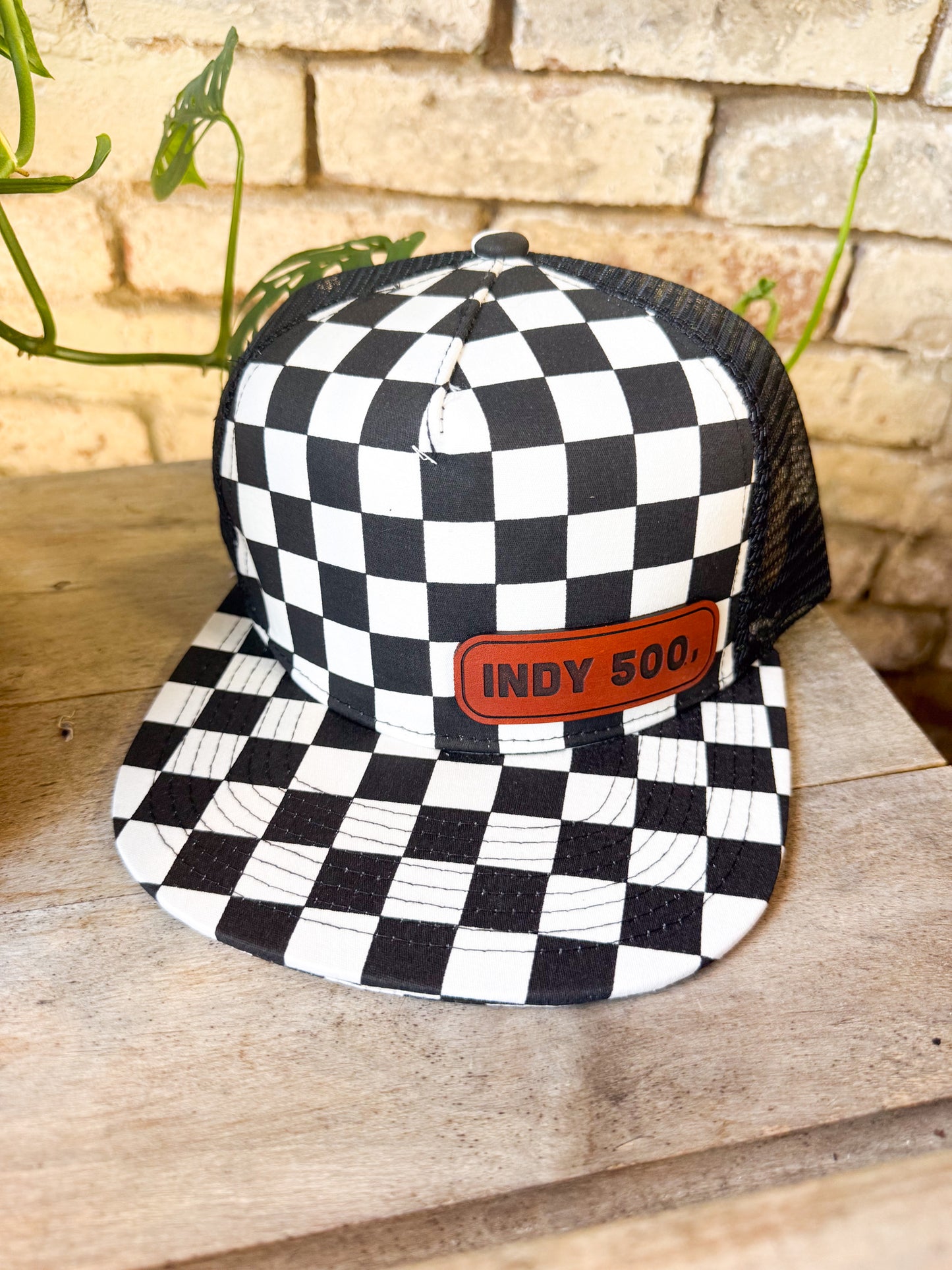 Indy 500 Rectangle Leather Patch Hat – Checkered Flatbill