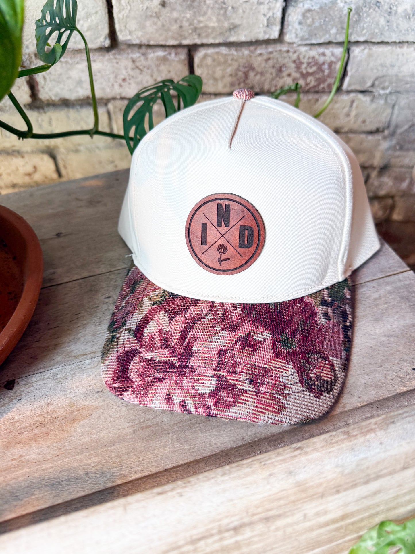 IND Circle Patch on Floral Bill Hat