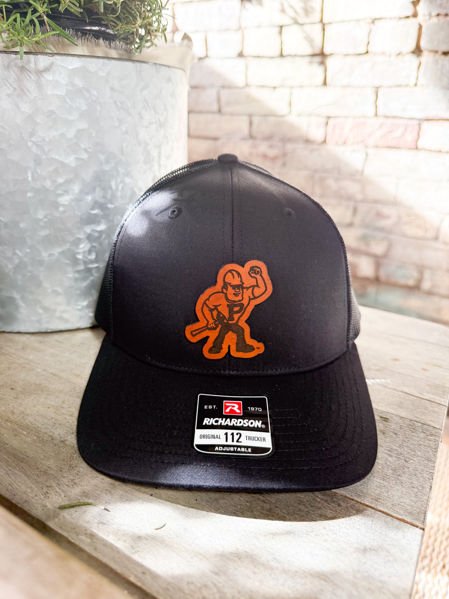 Purdue Pete Leather Patch Hat on Richardson 112