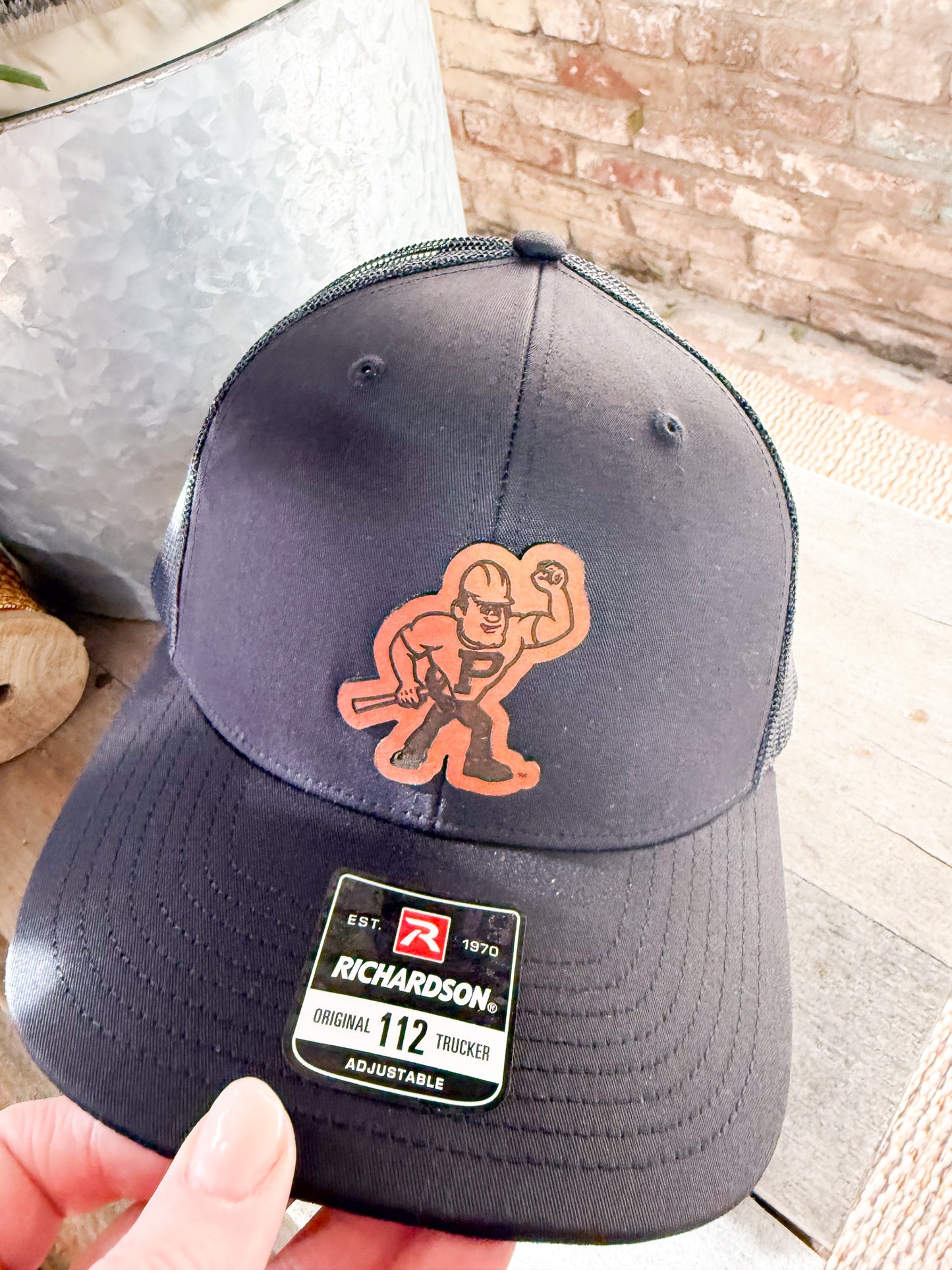 Purdue Pete Leather Patch Hat on Richardson 112