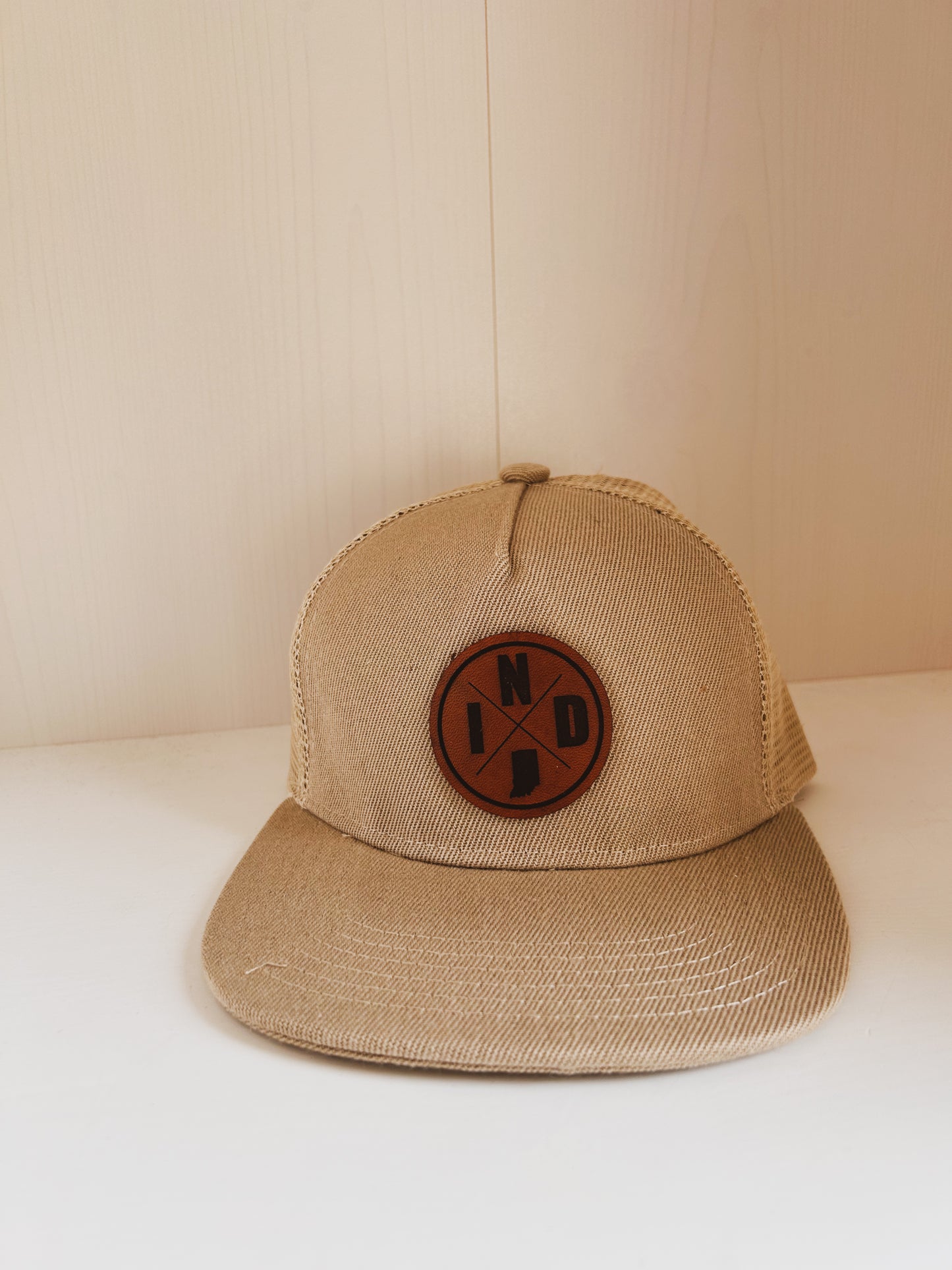 Circle IND Leather Patch on Khaki Trucker Hat - Kids