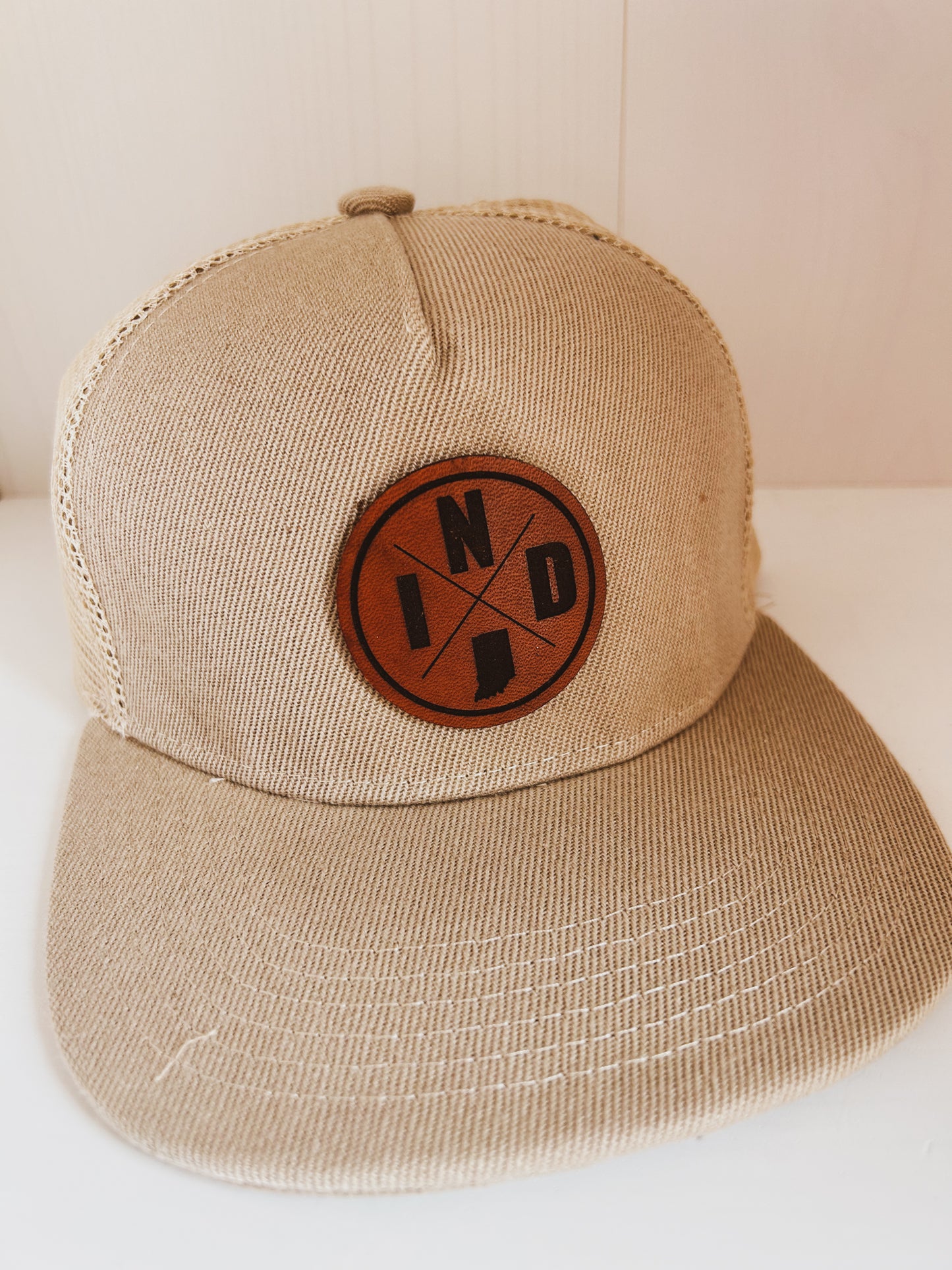 Circle IND Leather Patch on Khaki Trucker Hat - Kids