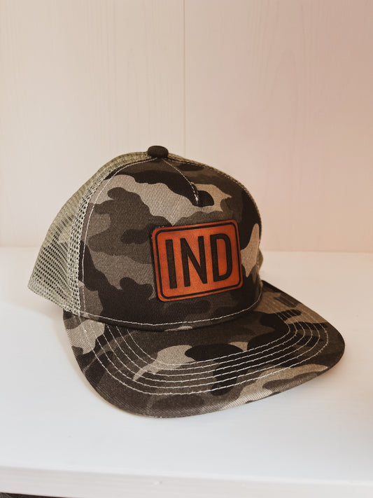 IND Leather Patch on Gray Camo Trucker Hat - Kids