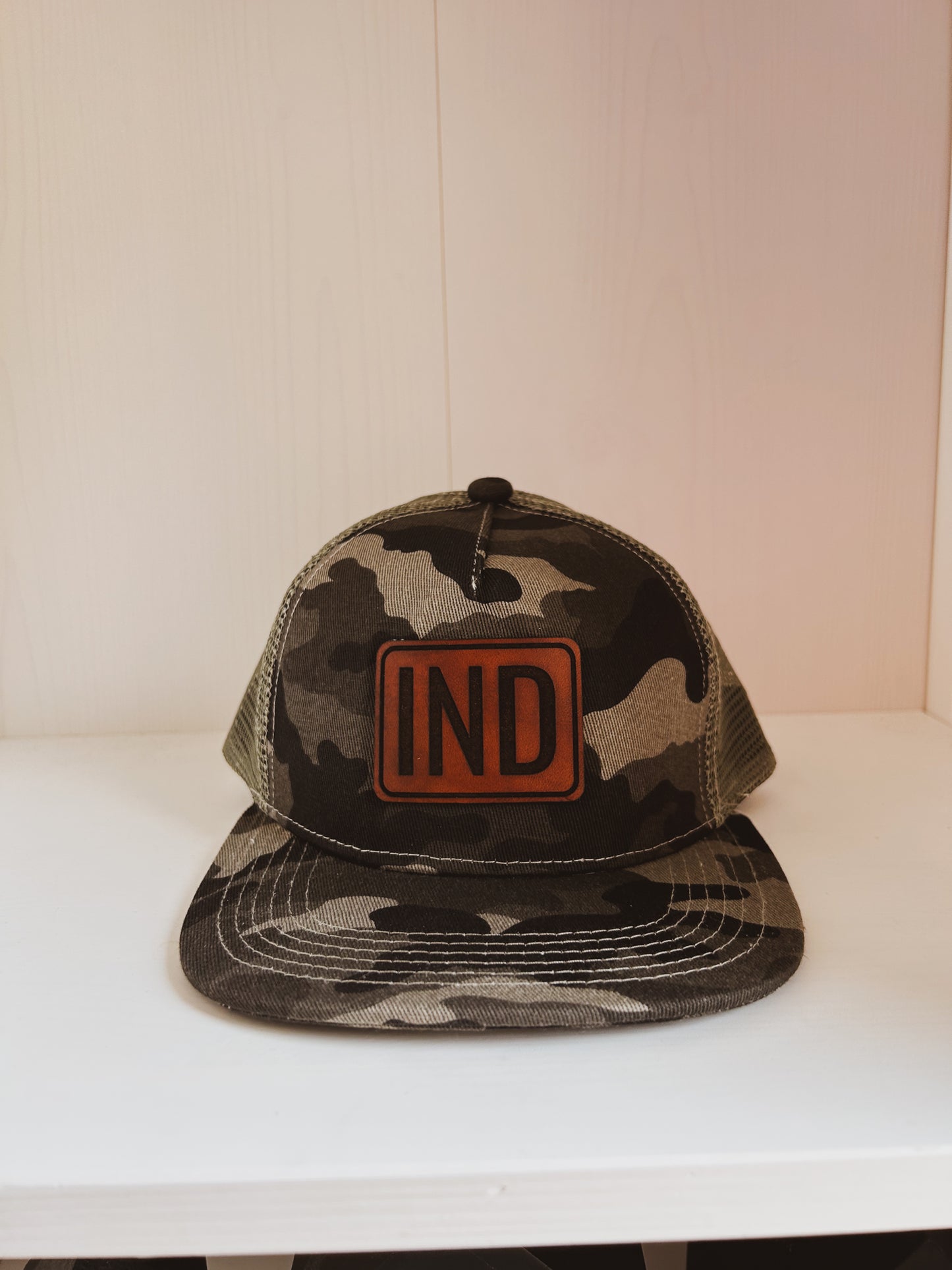 IND Leather Patch on Gray Camo Trucker Hat - Kids