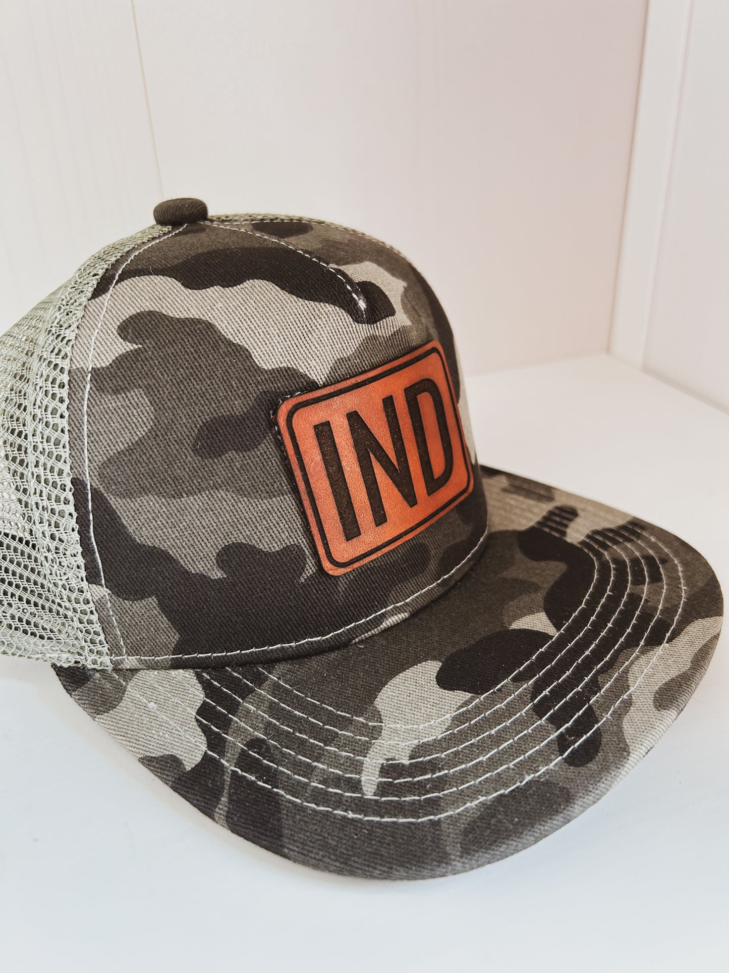 IND Leather Patch on Gray Camo Trucker Hat - Kids