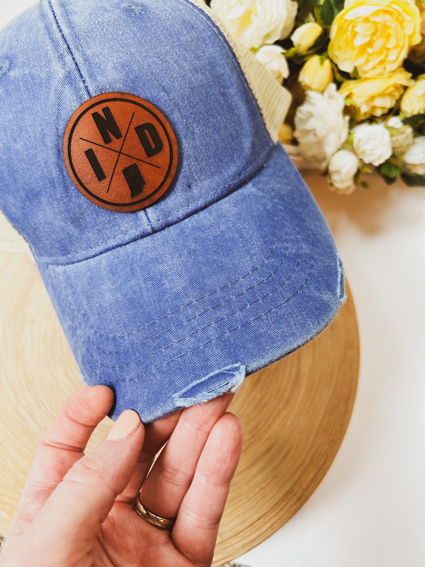 Circle IND Leather Patch on Distressed Blue Baseball Hat - Snap Closure