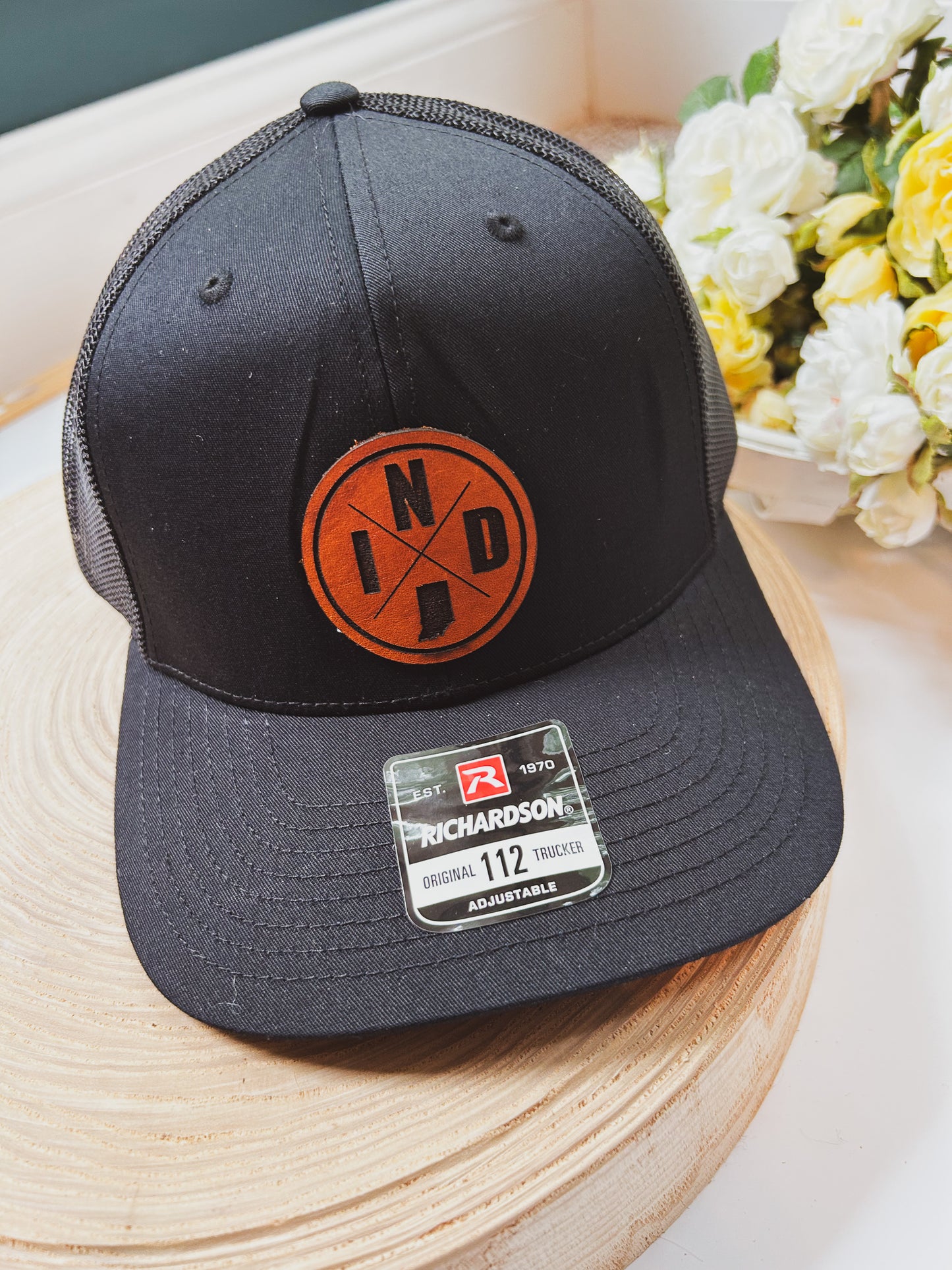 Circle IND Leather Patch on Black Richardson 112 Hat - Snap Closure